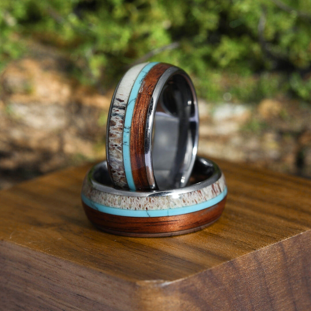 Deer Antler Hawaiian Koa Wood Turquoise Tungsten Wedding Band Tungsten Carbide Ring Men’s Anniversary Ring Promise Unisex Ring