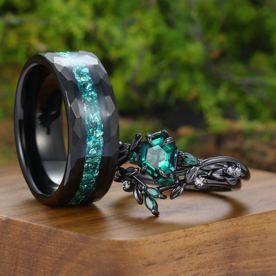 Twig Leaf-inspired Green Emerald Couple Rings Emerald Black Plated His And Hers Ring Set