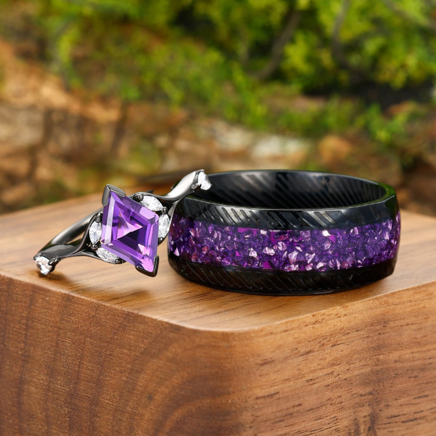 Gorgeous Amethyst Couple Rings Matching Promise Engagement and Damascus Steel Matching Ring -  Esdomera.com
