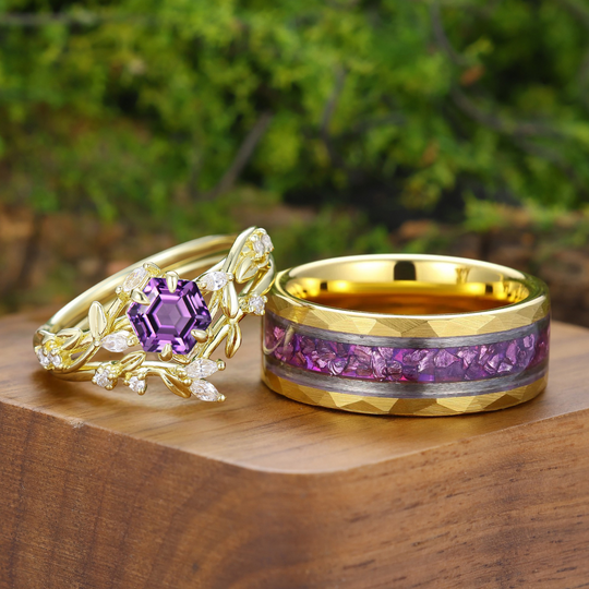 Organic Leaf Engraved Natural Amethyst Couple Ring Set Floral Inspired Rings For Him And Her