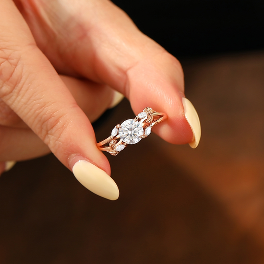 Twisted Twig Vine Ring Round Cut Moissanite Nature Inspired Leaf Design Pave Setting Ring Split Shank