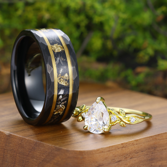Bague de couple inspirée d'une feuille en moissanite taille poire, plaquée or jaune, ensemble de bagues pour lui et elle