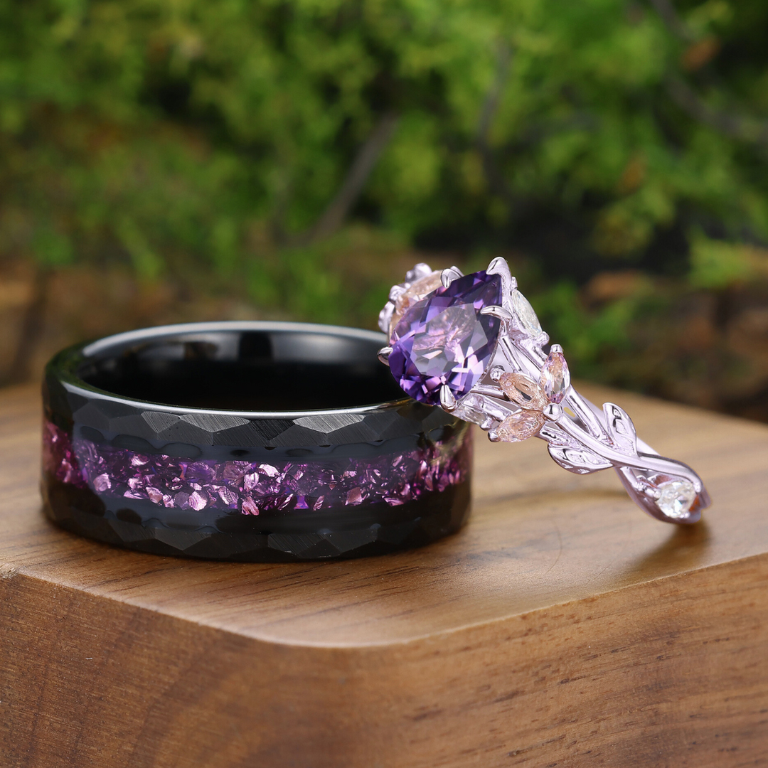 Fede Nuziale Coppia in Ametista Viola Naturale Ispirata alla Foglia 2 pezzi per Uomo e Donna