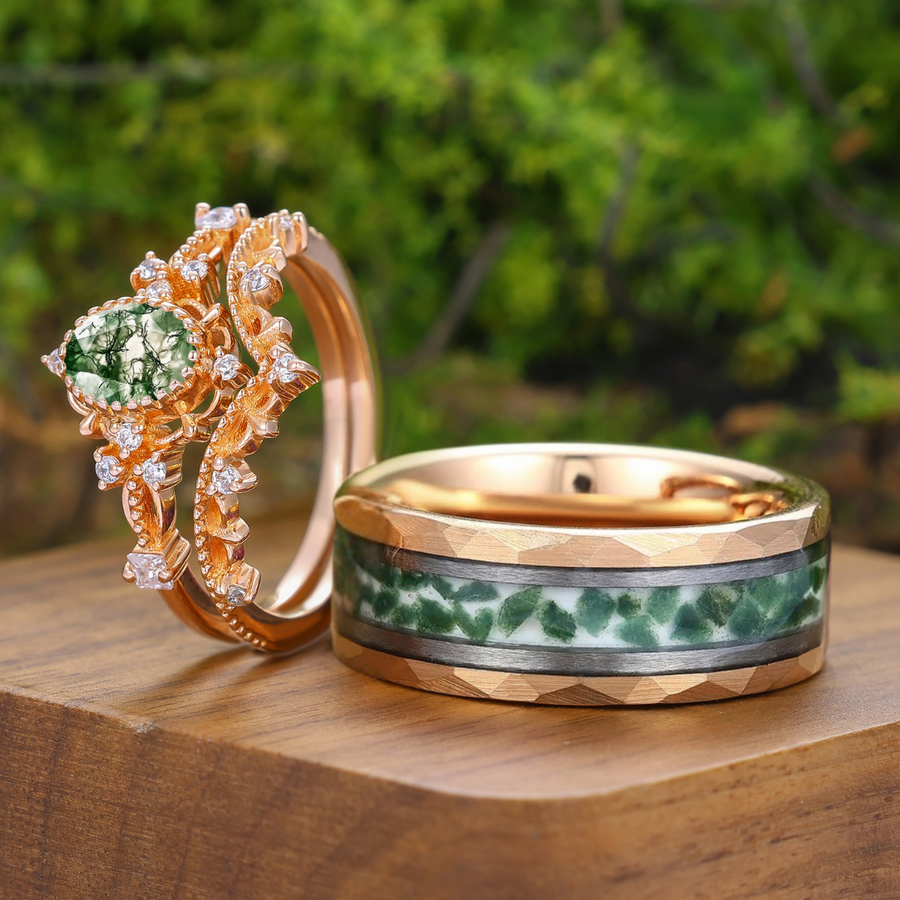 Antique Oval Moss Agate Filigreed Couple Ring Set Rose Gold Plated Milgrained His and Hers Ring