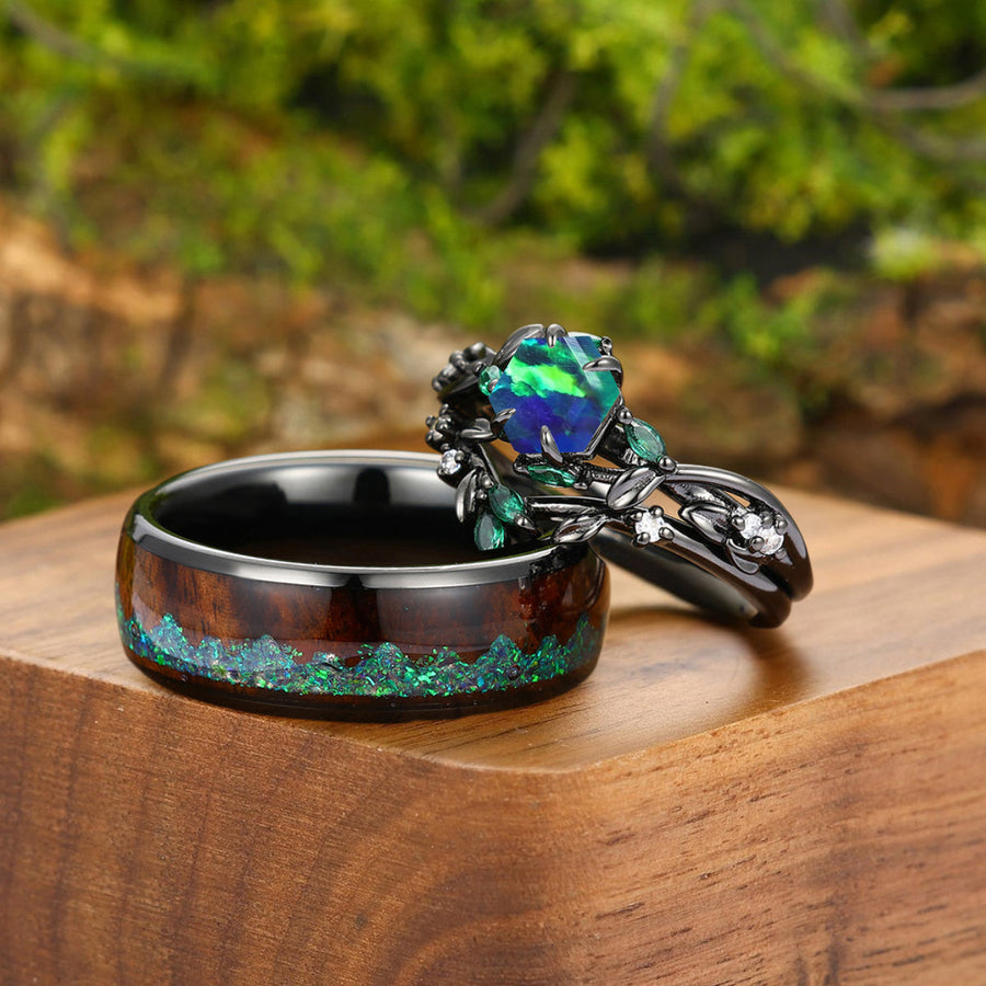 Gorgeous Peacock Green Opal Sprig Engagement Rings Set For Couples Matching Tungsten Promise Rings Couples' Set -  Esdomera.com