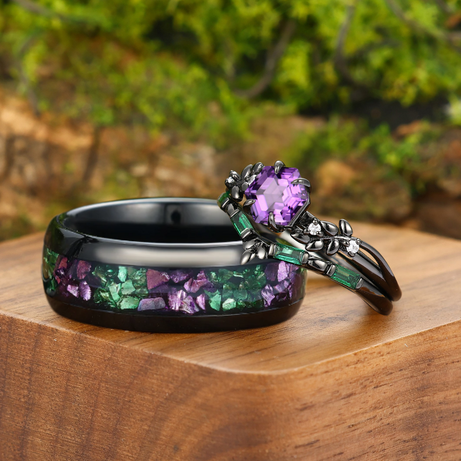 Leaf Engraved Natural Amethyst Couple Ring Set Purple And Green Matching Rings For Him For Her