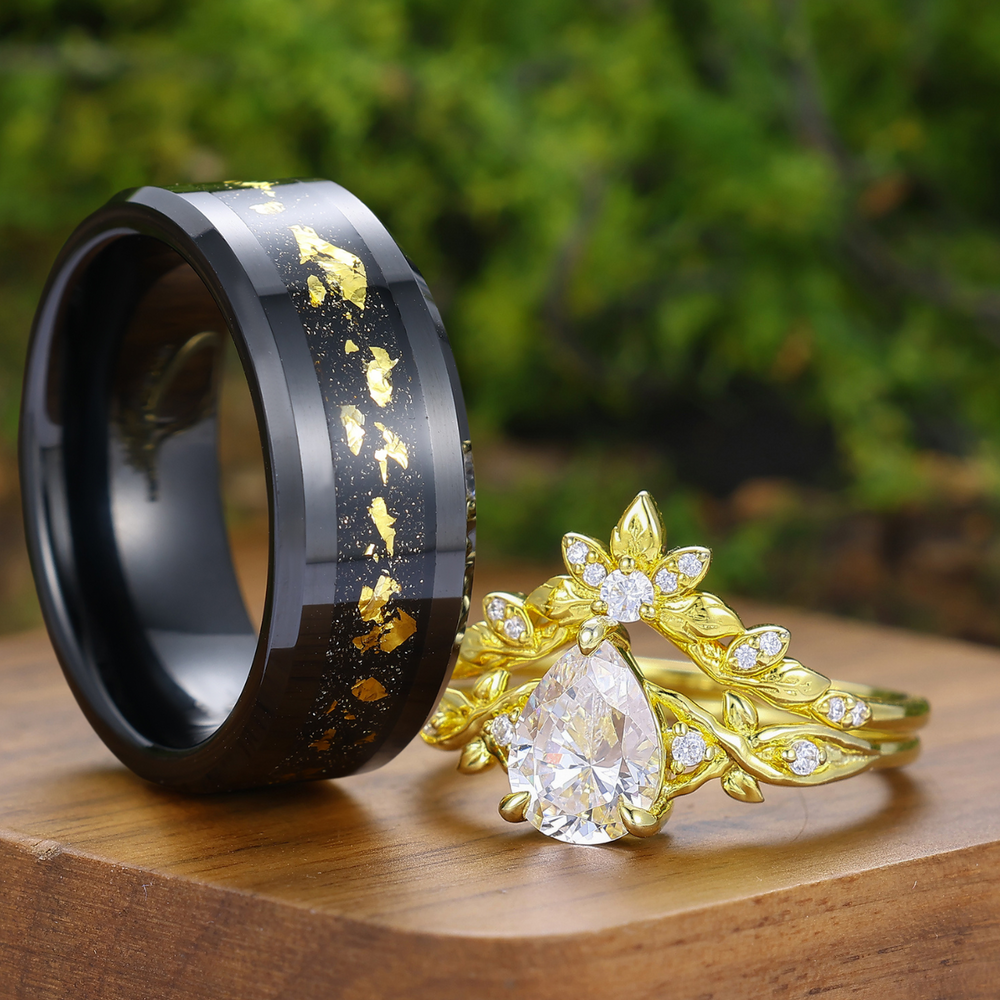 Natural Inspirado Juego de Anillos de Pareja en Forma de Pera con Moissanita Grabado de Hoja Para Él y Para Ella