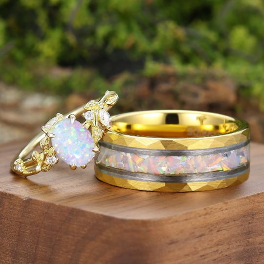 Leaf-inspired Pink White Opal Couple Rings Yellow Gold Plated Matching Ring For Him And Her