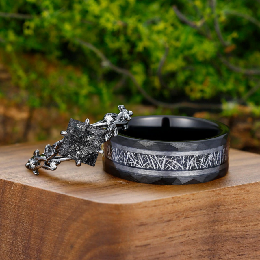 Branch Design Black Rutilated Quartz His And Hers Wedding Band Matching Hammered Tungsten Couple Rings -  Esdomera.com