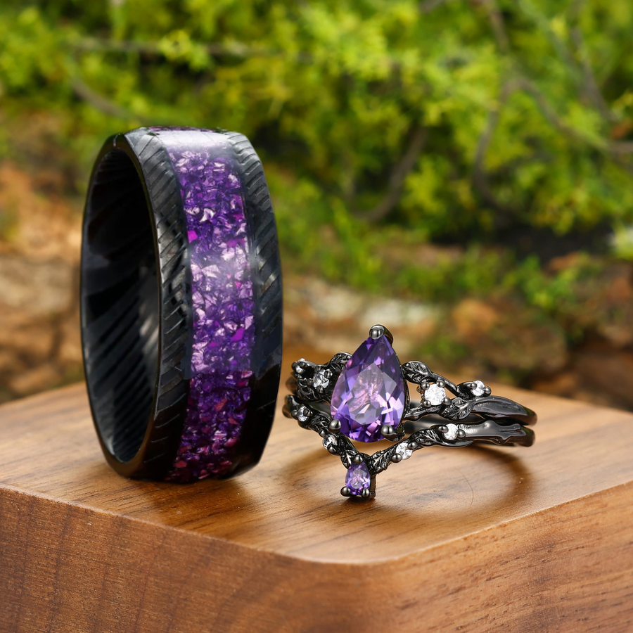 Conjunto de Anillos a Juego Personalizados con Amatista Púrpura en Corte Pera, Forma de Rama y Hoja, Anillos para Parejas de Amatista