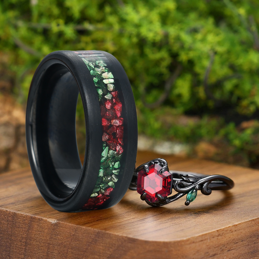 Dainty Natural Red Garnet Vine His And Hers Wedding Bands Tungsten Couple's Set Anniversary Ring.