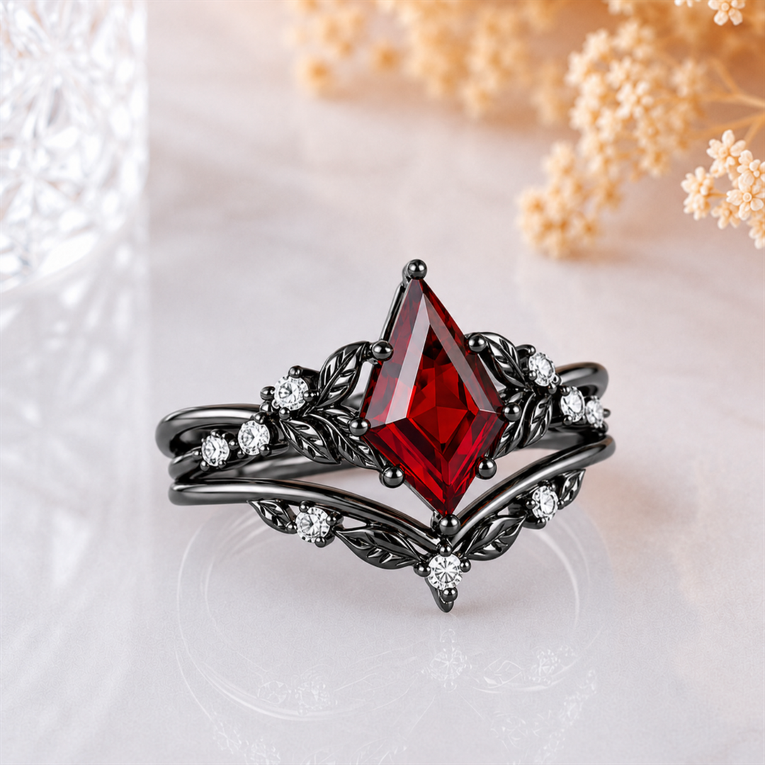 Refined Leaf Engraved Kite Red Garnet Wedding Ring Set Branch-Inspired Ring Set For Her