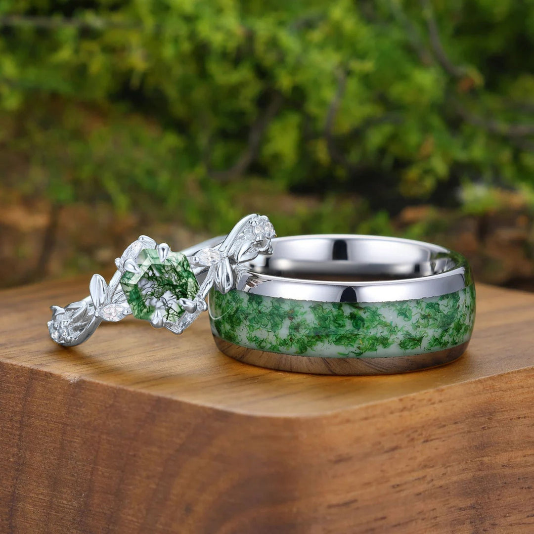 Bague de promesse couple en agate mousse hexagonale à motif de