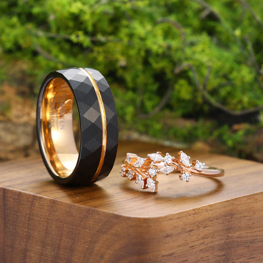 Minimalist Leaves Moissanite Engagement Couple Rings Rose Gold Plated Tungsten Wedding Bands -  Esdomera.com