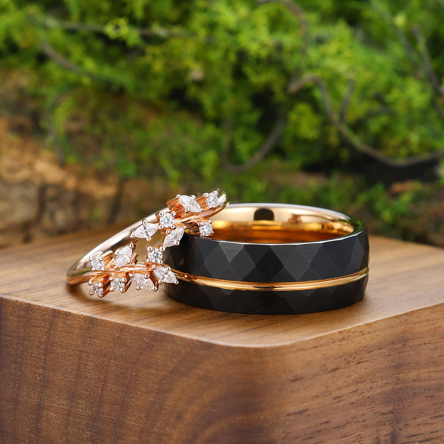 Minimalist Leaves Moissanite Engagement Couple Rings Rose Gold Plated Tungsten Wedding Bands -  Esdomera.com