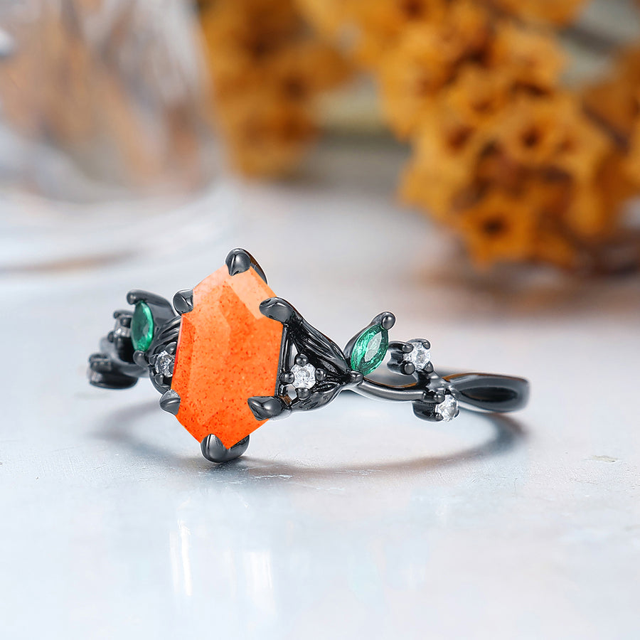 Unique Leafy design 1.1 CT Long Hexagon Cut  Sunstone Gold & 925 Sliver Engagement Ring