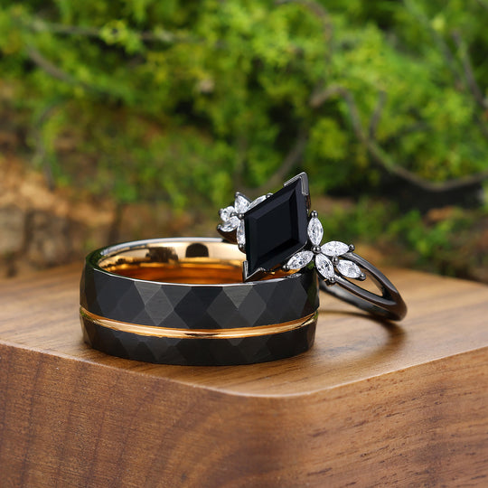 Noble Petal Black Onyx Engagement Couple Rings His And Hers Wedding Bands Marriage Rings