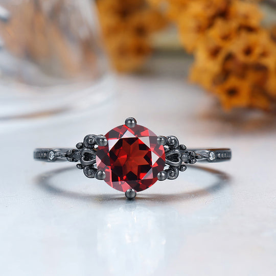 Retro Round Cut S925 Nature Red Garnet Leaves Engagement Ring Women Fine Ring Bridal Ring