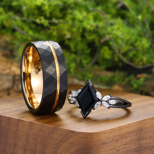 Noble Petal Black Onyx Engagement Couple Rings His And Hers Wedding Bands Marriage Rings