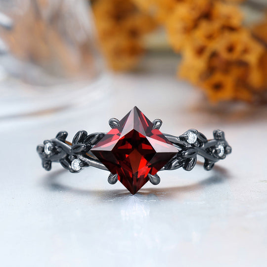 2CT Princess Cut 14k Black Gold  Nature Red Garnet Engagement Leaf Ring Anniversary Bridal Ring Gift