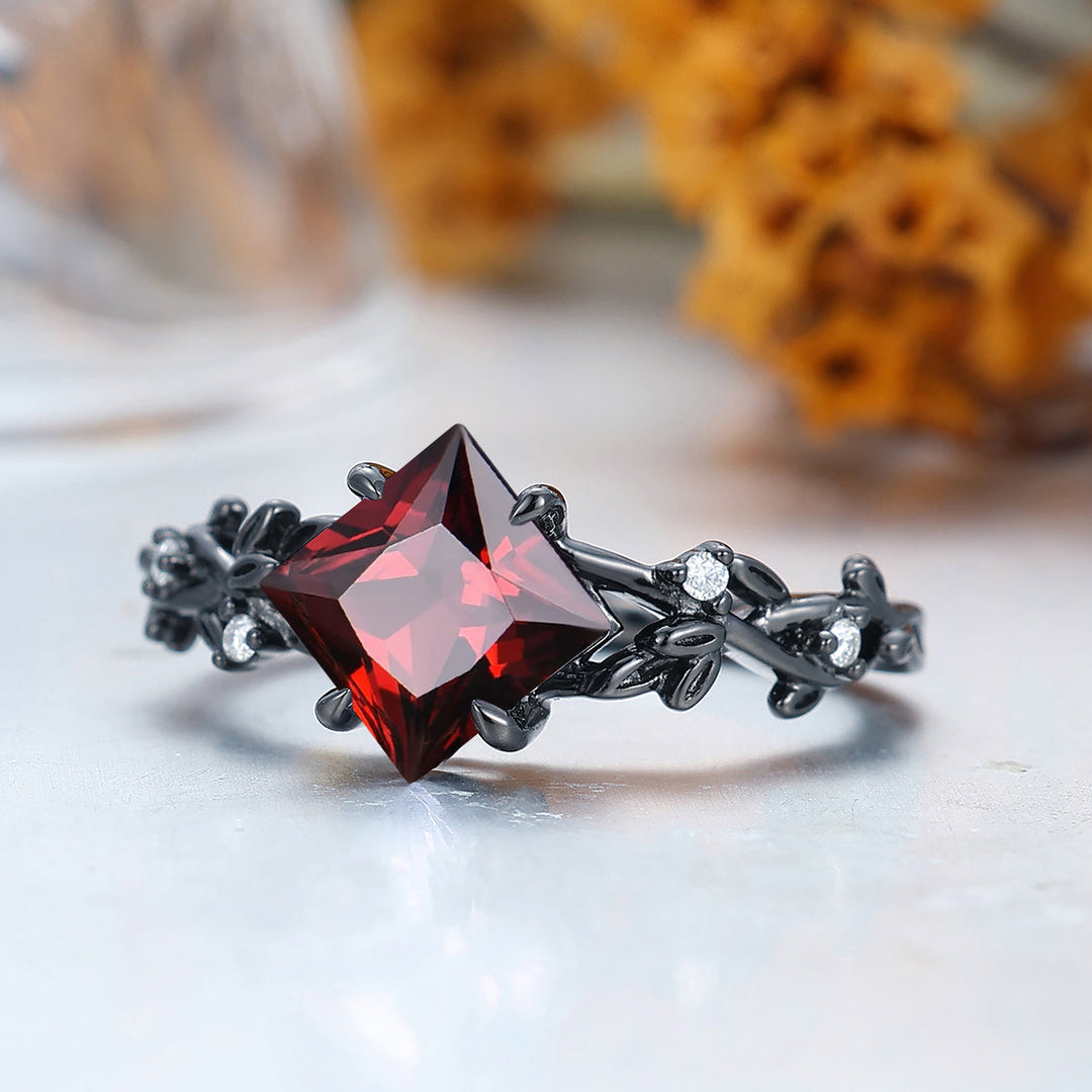 2CT Princess Cut 14k Black Gold  Nature Red Garnet Engagement Leaf Ring Anniversary Bridal Ring Gift
