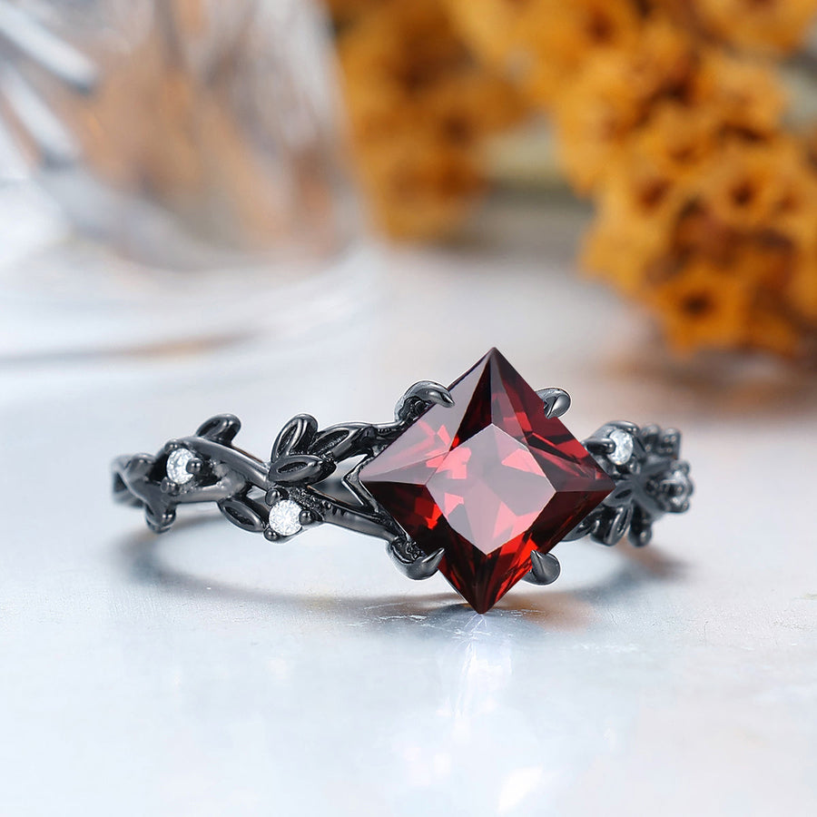2CT Princess Cut 14k Black Gold  Nature Red Garnet Engagement Leaf Ring Anniversary Bridal Ring Gift -  Esdomera.com