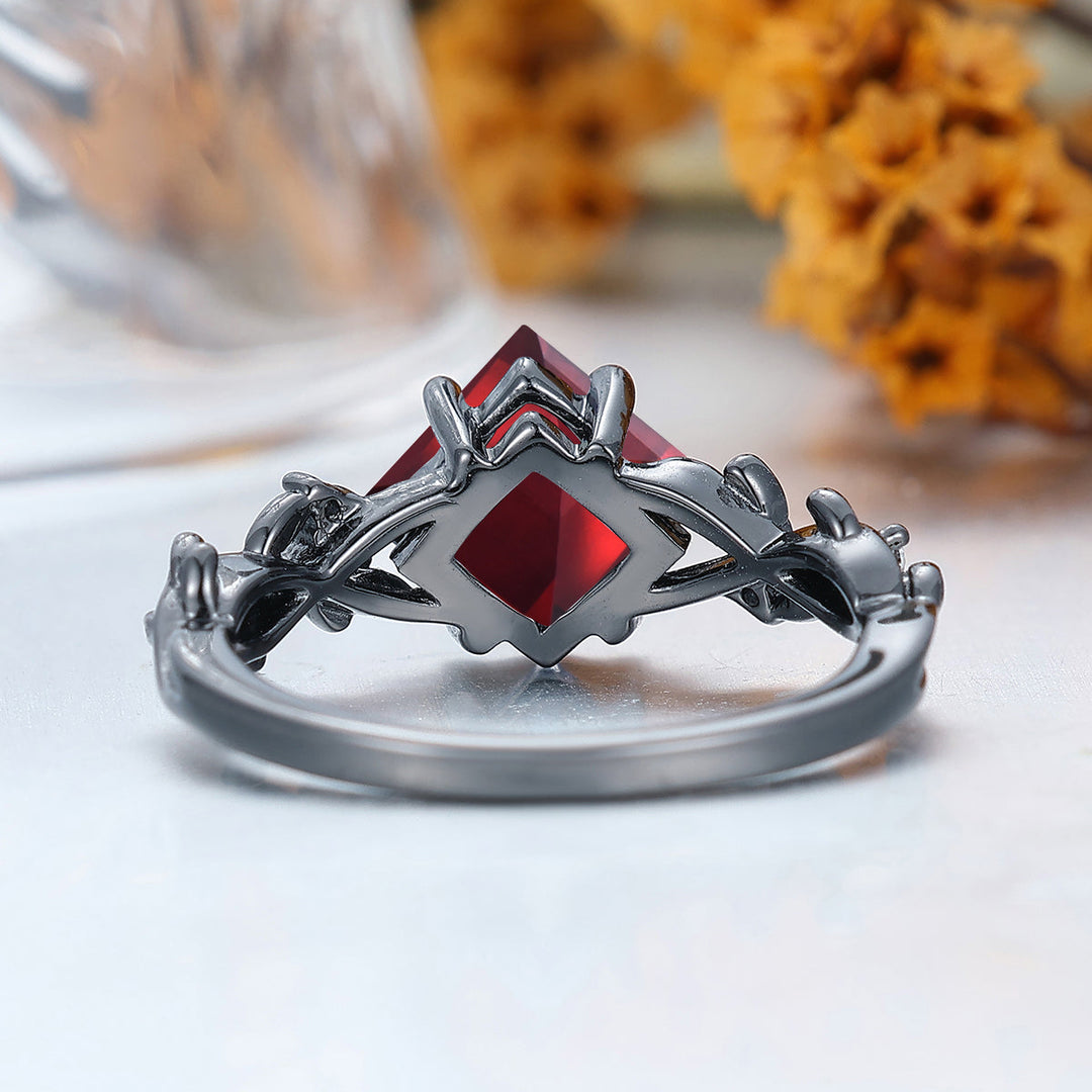 2CT Princess Cut 14k Black Gold  Nature Red Garnet Engagement Leaf Ring Anniversary Bridal Ring Gift