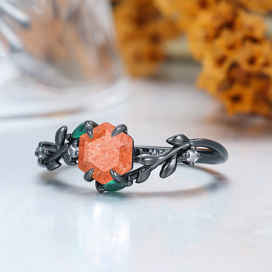 Dainty Leaf Inspired Natural Sunstone Bridal Ring Hexagon Cut Orange Sunstone 14K Gold Engagement Ring