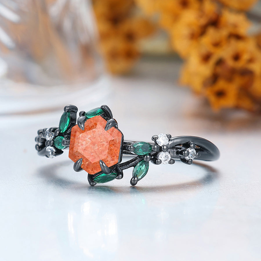 Branch Leaf Natural Sunstone Engagement Ring Prong Setting Bridal Ring Handmade Solid Gold Women Ring