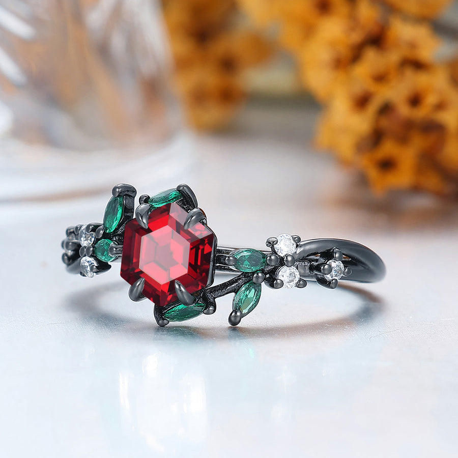 Nature-Inspired Hexagon Nature Red Garnet with Green Emerald Leaf Ring S925 Ring Available in1 0k/14k/18K Gold