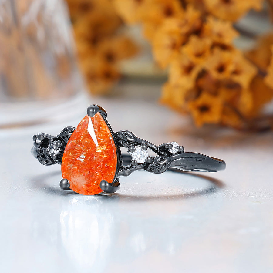 Nature-inspired Pear Cut 1.50CT Natural Sunstone Cluster Black-plated band Engagement Ring For Women Gift