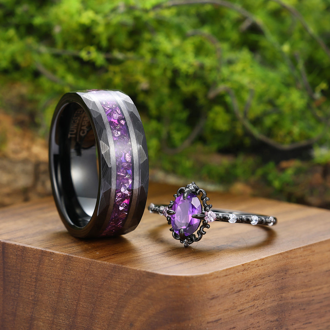 Dainty Purple Amethyst Filigreed Engagement Couple Rings Promise Wedding Bands For Men And Women