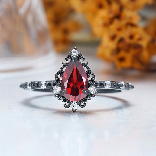 Unique 1.0 CT Pear Cut Red Garnet Art Deco Leaf Gold & 925 Sliver Engagement Ring