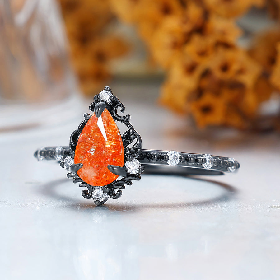 Vintage-inspired Pear Cut Natural Sunstone Engagement Ring cluster Moissanites Inlaid Women Ring