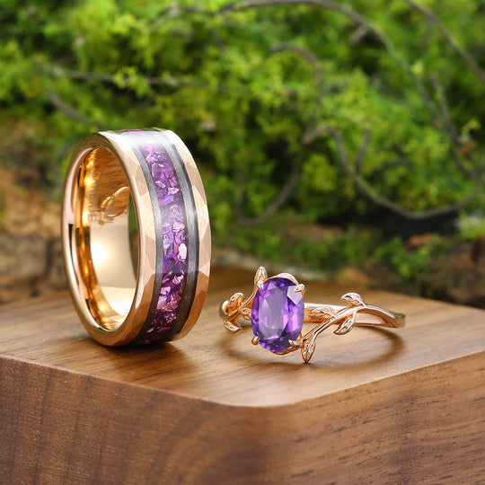 Classic Vine Oval Purple Amethyst Engagement Couple Rings Promise His and Her Wedding Band Matching Ring