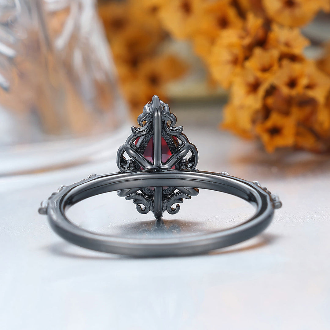 Unique 1.0 CT Pear Cut Red Garnet Art Deco Leaf Gold & 925 Sliver Engagement Ring