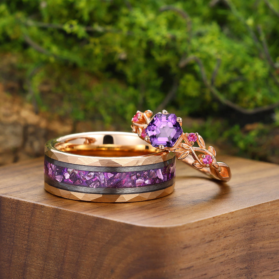 Romantic Twig Purple Amethyst Engagement Couple Rings Matching Tungsten His and Her Wedding Band -  Esdomera.com
