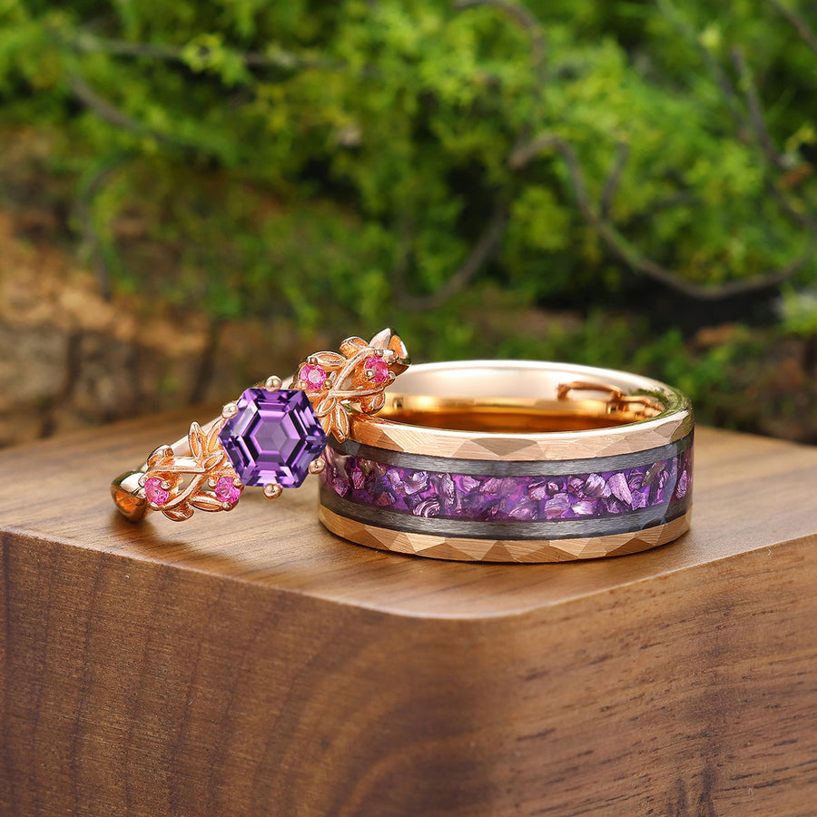 Romantic Twig Purple Amethyst Engagement Couple Rings Matching Tungsten His and Her Wedding Band -  Esdomera.com
