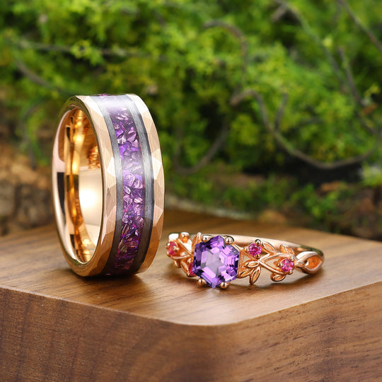 Romantic Twig Purple Amethyst Engagement Couple Rings Matching Tungsten His and Her Wedding Band