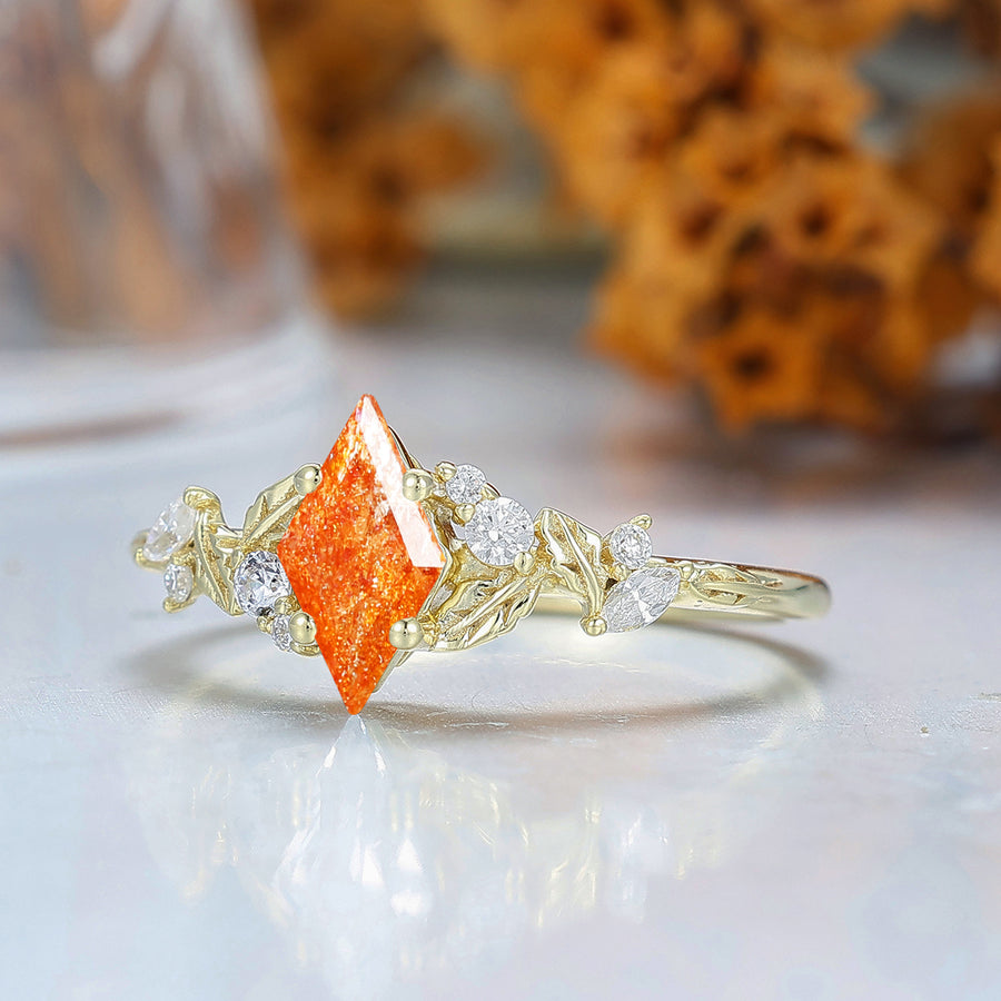 Leaf Inspired Rhombus Cut Sunstone Engagement Ring Orange Sunstone Bridal Ring Solid Gold Women Wedding Ring