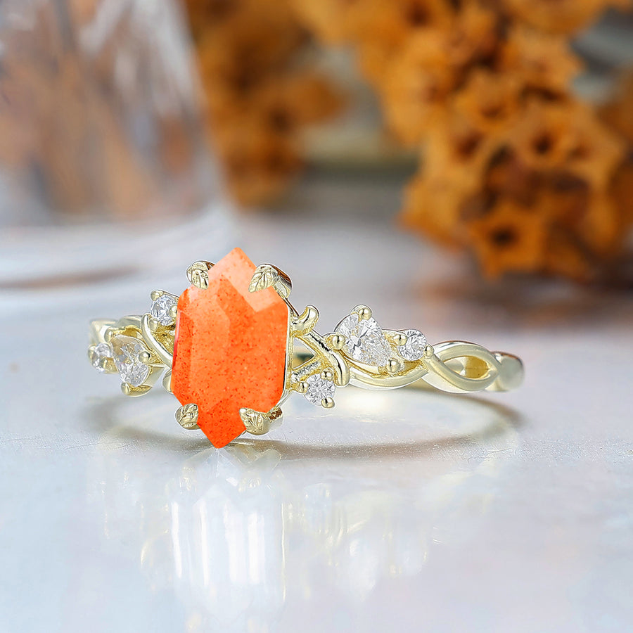Aventurescent Orange Sunstone Engagement Ring Vine Branch Design Women Ring Bridal Ring -  Esdomera.com