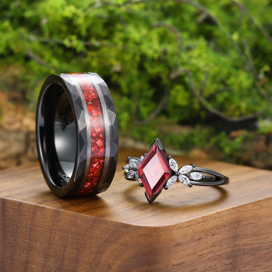 Promise Petal Red Garnet Deco Milgrain Engagement Couple Rings Ruby Tungsten His and Her Wedding Bands -  Esdomera.com