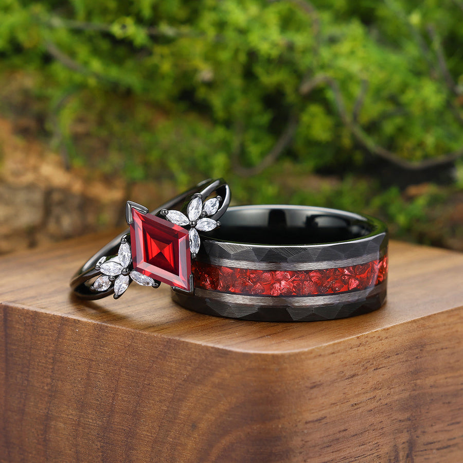 Promise Petal Red Garnet Deco Milgrain Engagement Couple Rings Ruby Tungsten His and Her Wedding Bands -  Esdomera.com