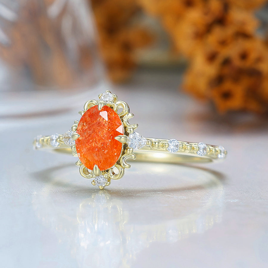 Scrollwork Orange Sunstone Engagement Ring Yellow Gold Bridal Ring Vintage Sunstone Wowen Ring