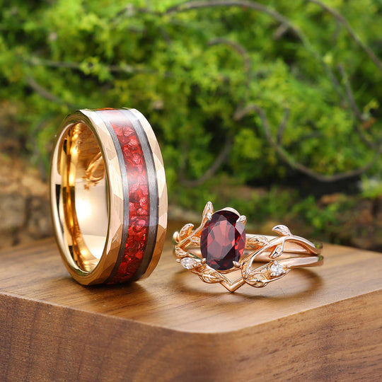 Fascinating Vines Red Garnet Engagement Couple Rings Set Promise His and Her Wedding Bands