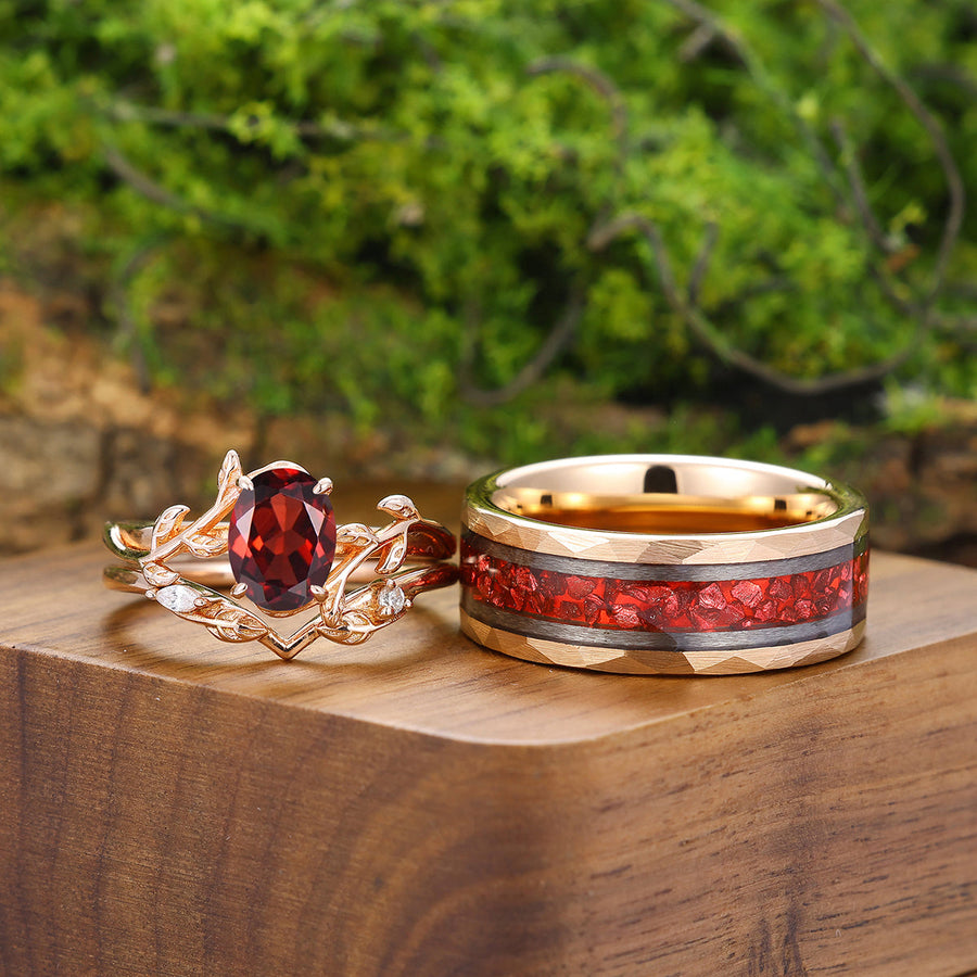 Fascinating Vines Red Garnet Engagement Couple Rings Set Promise His and Her Wedding Bands -  Esdomera.com