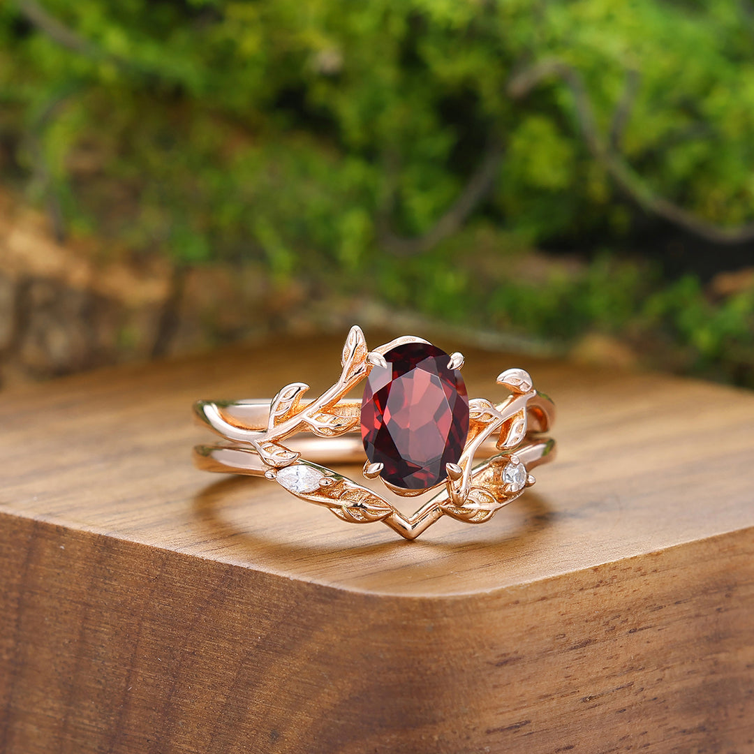 Fascinating Vines Red Garnet Engagement Couple Rings Set Promise His and Her Wedding Bands