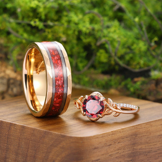 Gorgeous Leaves Red Garnet Half Eternity Engagement Couple Rings Wedding Band Marriage Ring For Men And Women