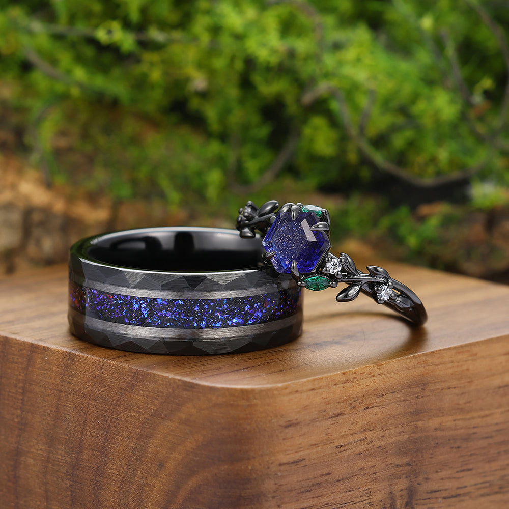 Unique Blue Galaxy Sandstone Engagement Leaves Couple Rings Black Plated Matching His And Hers Wedding Bands