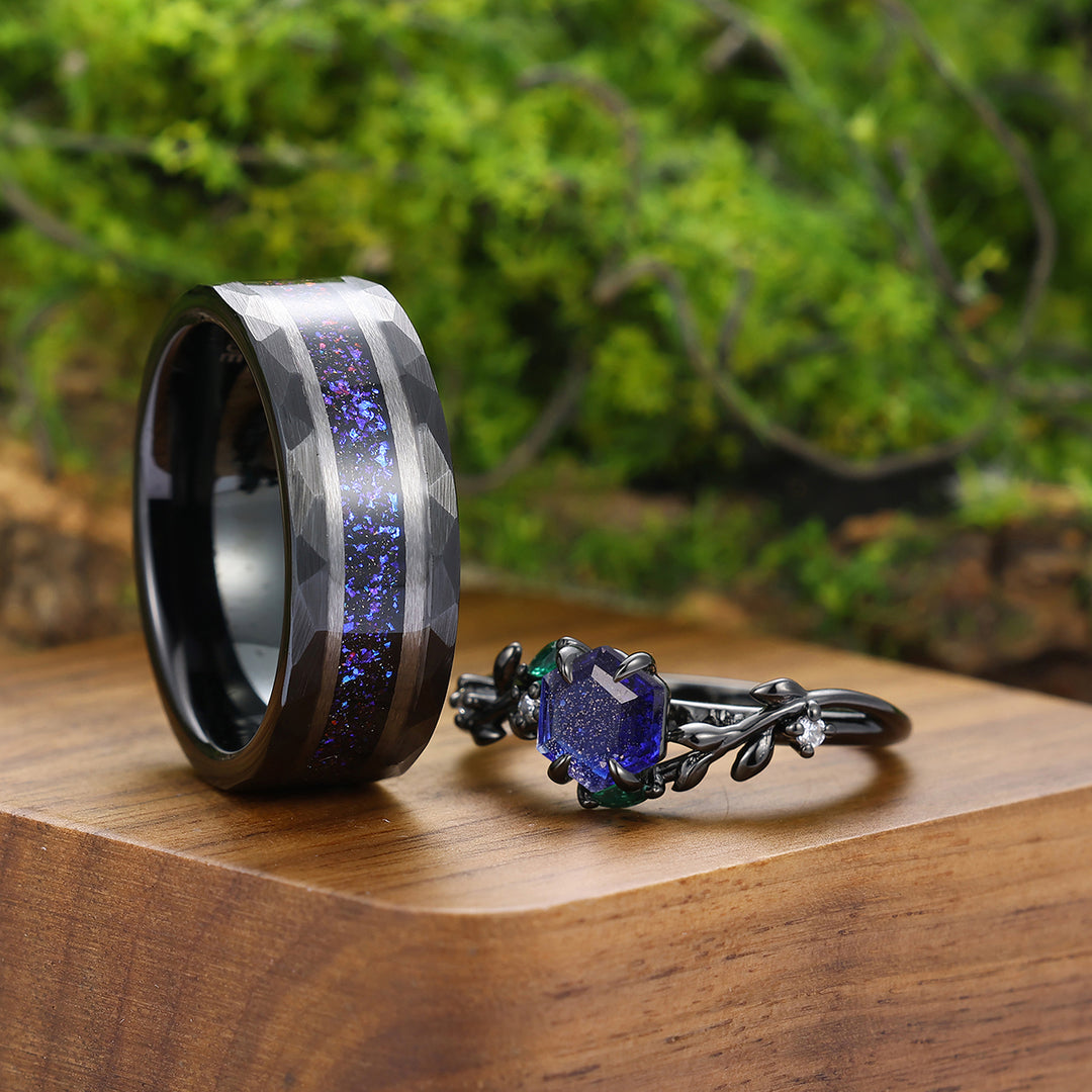 Unique Blue Galaxy Sandstone Engagement Leaves Couple Rings Black Plated Matching His And Hers Wedding Bands